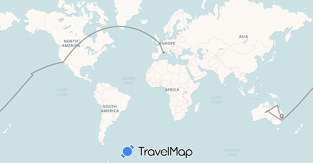 TravelMap itinerary: driving, plane in Australia, France, United Kingdom, United States (Europe, North America, Oceania)